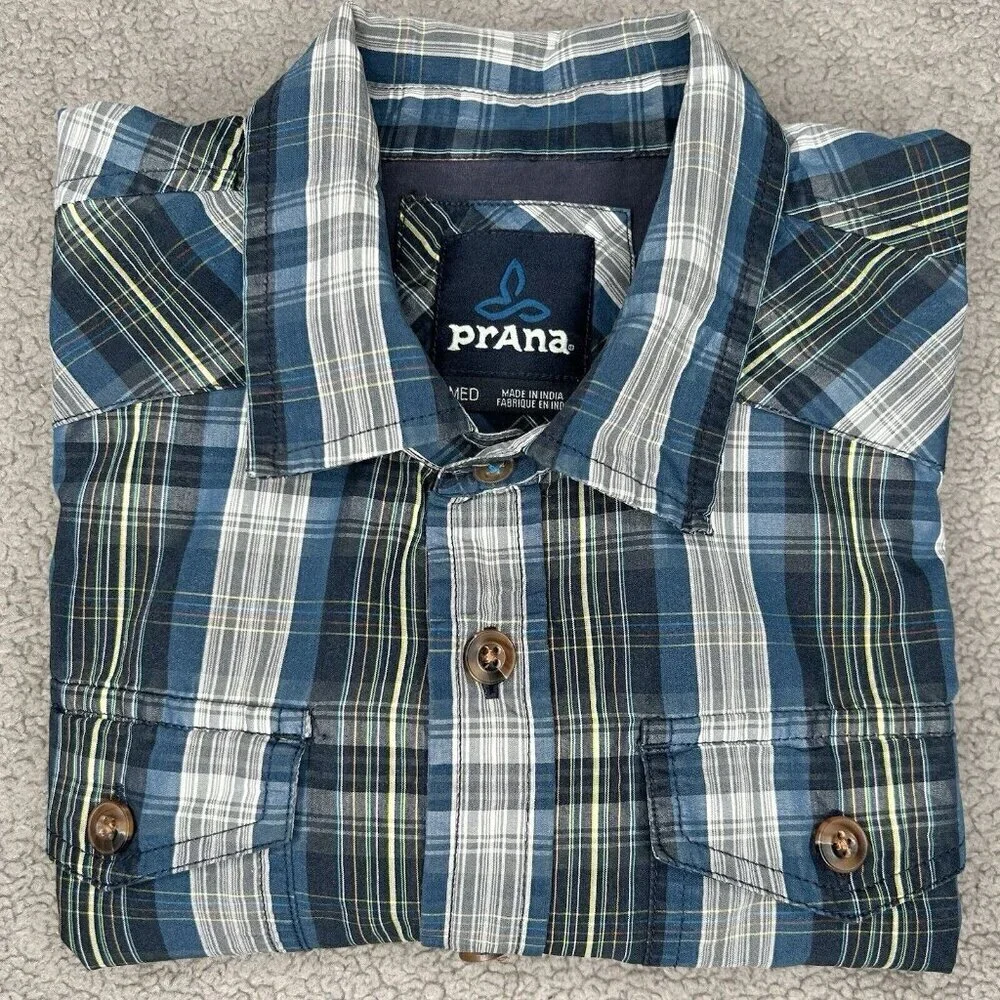 Prana Shirt Mens Medium Blue Plaid Button Up Camp Short Sleeve Hiking Outdoor